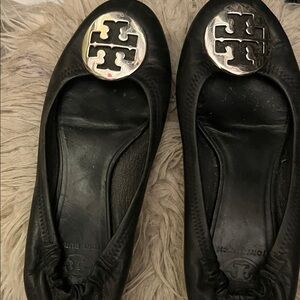 Tory Burch Black Flats with Silver Logo